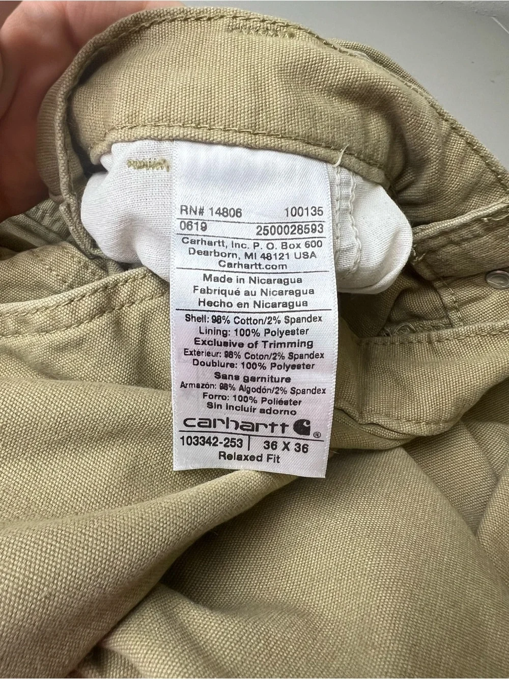 Carhartt Canvas 36X36 Lined Tan Mens Work/Outdoor Gorpcore Pants